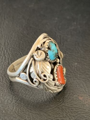 Navajo Blue Kingman Turquoise & Coral Feather Ring | Authentic Native American Sterling Silver | Multi-Stone | Sz 10 | 12218