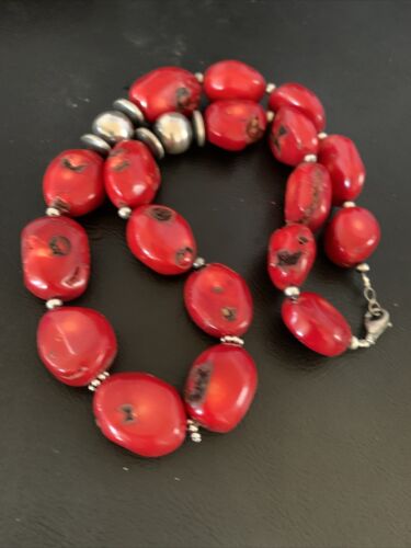 Navajo Red Coral Bead Necklace | Sterling Silver | Graduated | Authentic Native American | 21" | 13199