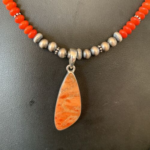 Navajo Red Apple Coral Pendant Necklace | Sterling Silver | Authentic Native American Handmade | 13934