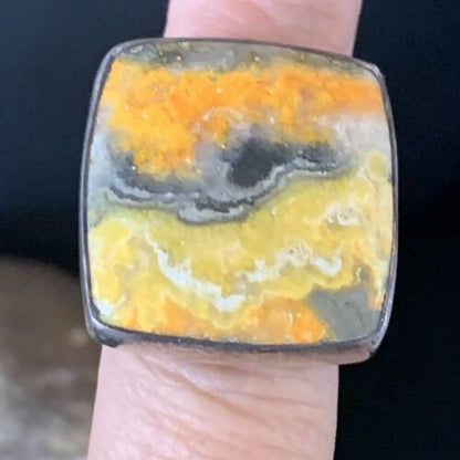 Yellow Square Bumble Bee Jasper Ring Sz 8 Adjustable | Navajo Sterling Silver | Handmade 14022