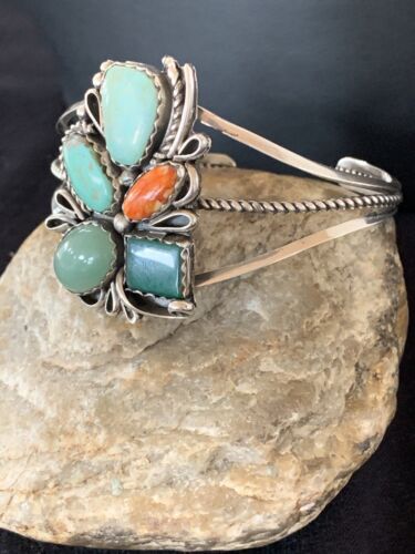 Navajo Spiny Oyster Green Turquoise Cuff Bracelet | Sterling Silver | Authentic Native American Handmade | 342