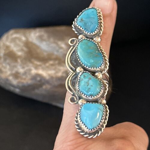 Navajo Blue Kingman Turquoise Cluster Ring | Authentic Native American Sterling Silver | Multi-Stone | Sz 8.5 | 14491