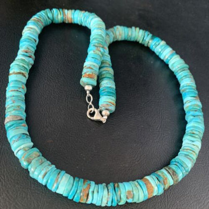 Men's Navajo Blue Turquoise Heishi Bead Necklace | Sterling Silver | 20" | Authentic Native American Handmade | 13522