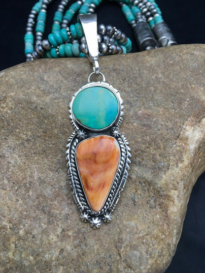 Navajo Kingman Turquoise & Spiny Oyster Necklace Pendant | Sterling Silver | 21" | Multi-Stone 2861