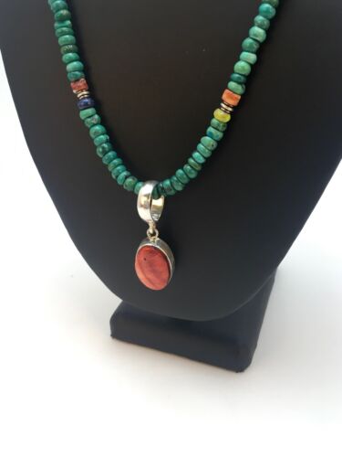 Pueblo Turquoise & Spiny Oyster Pendant Necklace | Sterling Silver | Authentic Native American Handmade | 8910