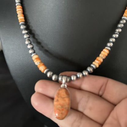 Navajo Orange Spiny Oyster Pendant Necklace | Sterling Silver Naja | Authentic Native American Handmade | 14301