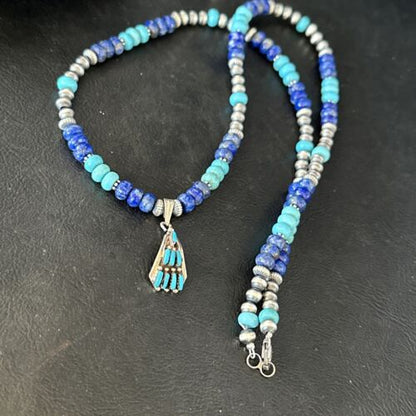 Zuni Blue Turquoise Lapis Multi-Stone Necklace Pendant | Authentic Native American Sterling Silver | 14639