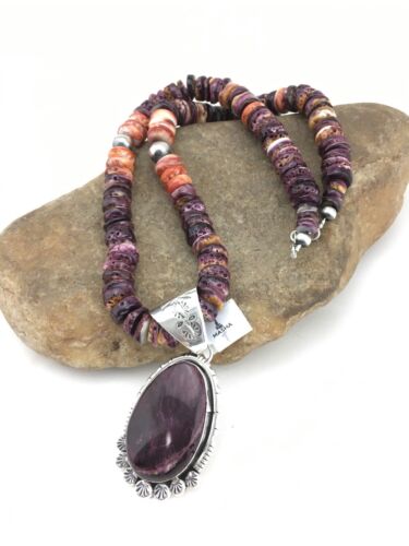 Navajo Pearls Purple Spiny Oyster Pendant Necklace | Sterling Silver | Native American Handmade | 4814
