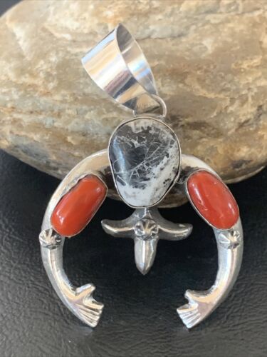 Navajo White Buffalo Turquoise Coral Naja Pendant | Sterling Silver | Authentic Native American Handmade