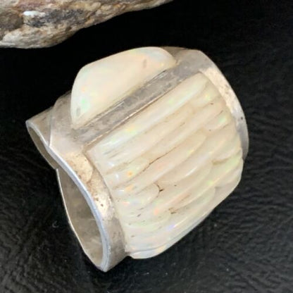 Native American Navajo White Opal Inlay Ring | Sterling Silver | Sz 8 | 12860 - Masha USA