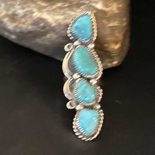 Navajo Blue Kingman Turquoise Cluster Ring | Authentic Native American Sterling Silver | Multi-Stone | Sz 8.5 | 14491