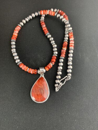 Red Spiny Oyster Pendant | Sterling Silver Navajo Pearls Necklace | Authentic Native American Handmade | 4960