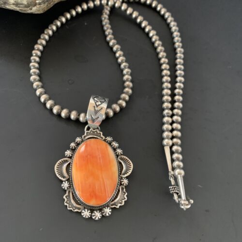 Navajo Pearls Necklace with Orange Spiny Oyster Pendant | Sterling Silver | Authentic Native American Handmade | 11300
