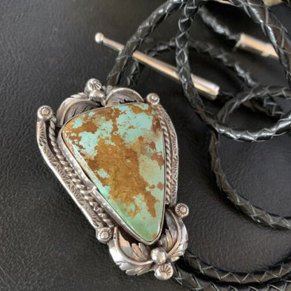 Navajo Green Royston Turquoise Bolo Tie | Sterling Silver | Authentic Native American Handmade | 14109