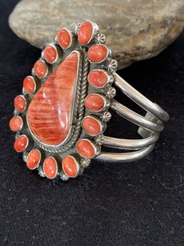Navajo Spiny Oyster Cluster Cuff Bracelet | Sterling Silver | Authentic Native American Handmade | 4954