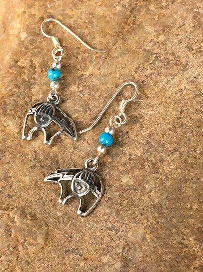 Navajo Sterling Silver Turquoise Bead Dangle Bear Paw Earrings | Authentic Native American Handmade | 8785