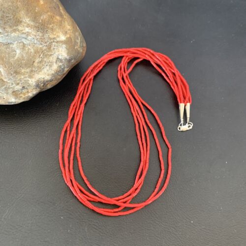 Native American Red Stabilized Coral Heishi Necklace | 5 Strand | Sterling Silver | 20" | 2207