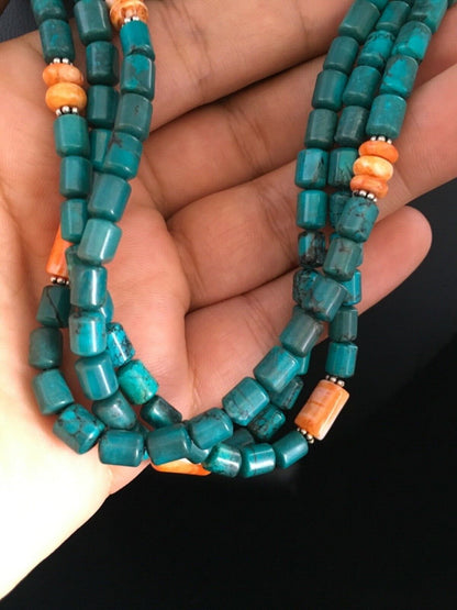 Navajo Sterling Silver Blue Spiderweb Turquoise Spiny Necklace | 3-Strand | 24" | 1774