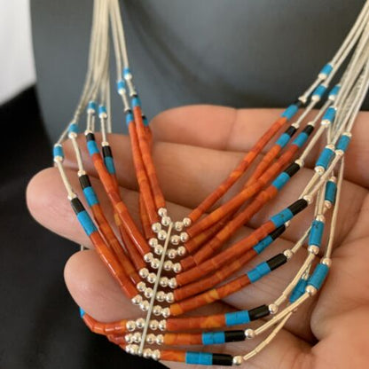 Multi-Color Liquid Silver Heishi Necklace | 10 Strand Sterling Tubes | Native American Handmade | 12300