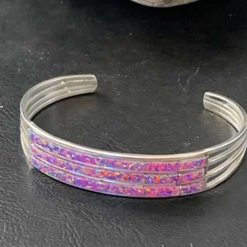 Native American Zuni Purple Opal Inlay Cuff Bracelet | Sterling Silver | 3 Row | 1643