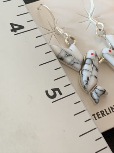 Navajo Sterling White Buffalo Turquoise Hummingbird Dangle Earrings | 1" | Authentic Native American Handmade | 12313