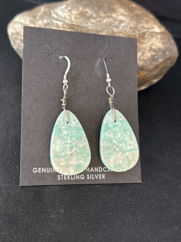 Southwestern Navajo Slab Turquoise Dangle Earrings | Sterling Silver | Authentic Native American Handmade | 01354