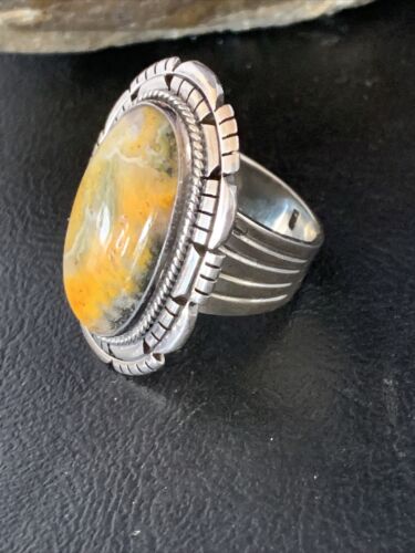 Navajo Yellow Bumble Bee Jasper Ring | Sterling Silver | Sz 8.75 | Authentic Native American Handmade | 13778