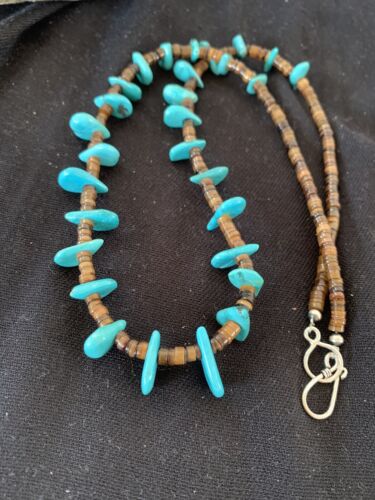 Navajo Blue Turquoise Bone Bead Necklace | Sterling Silver | 20" | Authentic Native American Handmade | 00302
