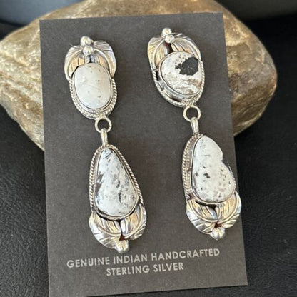 Navajo White Buffalo Turquoise Dangle Earrings | Sterling Silver | 2.5" | Authentic Native American Handmade | 14742