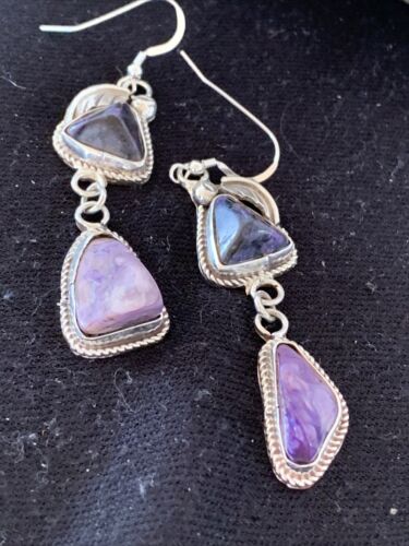 Navajo Purple Charoite Dangle Earrings | Sterling Silver | Authentic Native American Handmade | 01222