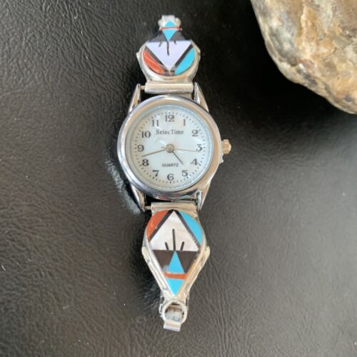 Authentic Native American Zuni Sterling Silver Watch Tips | Onyx, Coral, Turquoise Inlay | Women's | 11577