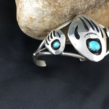 Navajo Turquoise Bear Paw Cuff Bracelet | Sterling Silver | Authentic Native American Handmade | 10242
