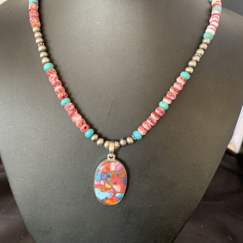 Navajo Pearl Sterling Silver Necklace with Turquoise and Purple Spiny Oyster Pendant | 13278