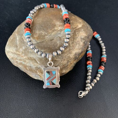 Navajo Multi-Color Turquoise Onyx Inlay Pendant Necklace | Sterling Silver | Authentic Native American Handmade | 13559