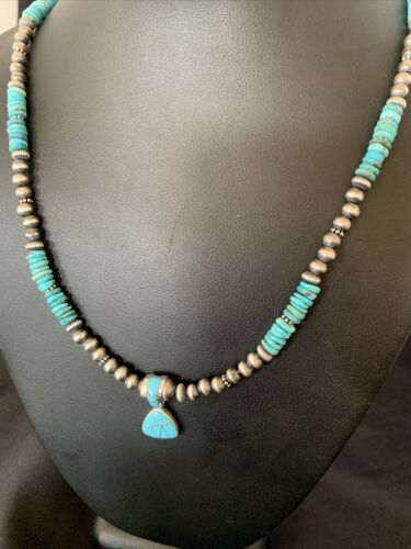 Navajo Pearl Necklace with Blue Turquoise Inlay Pendant | Sterling Silver | Authentic Native American Handmade | 12500