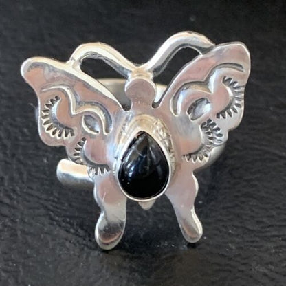 Southwestern Navajo Black Onyx Butterfly Ring | Sterling Silver | Adj Sz 8 | 10385