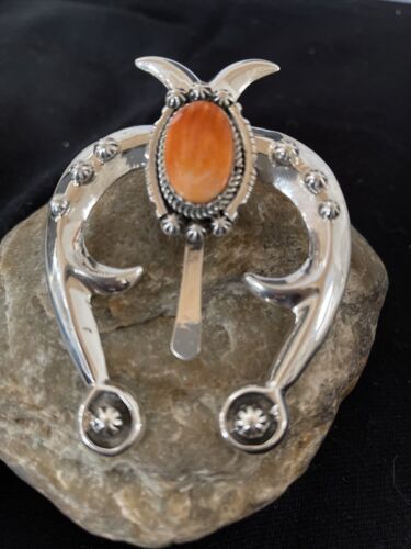 Navajo Orange Spiny Oyster Naja Pendant | Sterling Silver | Authentic Native American Handmade | 1062