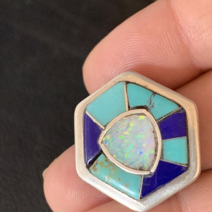 Navajo Blue Turquoise Lapis Opal Necklace Pin | Sterling Silver | 1" | Authentic Native American Handmade | 13697