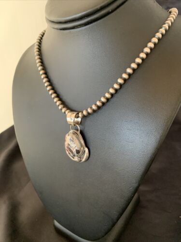 Navajo White Buffalo Turquoise Pendant Necklace | Sterling Silver | Authentic Native American Handmade | 11401