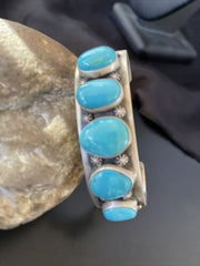 Navajo Blue Kingman Turquoise Cuff Bracelet | 5 Stone | Sterling Silver | Authentic Native American Handmade | 2051