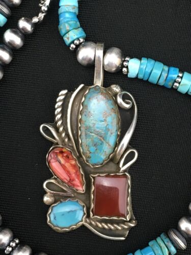 Navajo Turquoise & Spiny Oyster Pendant Necklace | Sterling Silver | 20" | Authentic Native American Handmade | 4836