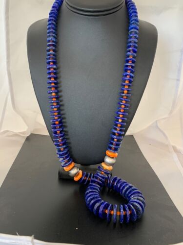 Authentic Native American Navajo Sterling Silver Beads Necklace Set | Lapis & Spiny Oyster| 30" | 11856