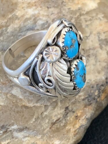 Navajo Blue Kingman Turquoise Feather Ring | Authentic Native American Sterling Silver | Multi-Stone | Sz 10.5 | 12219