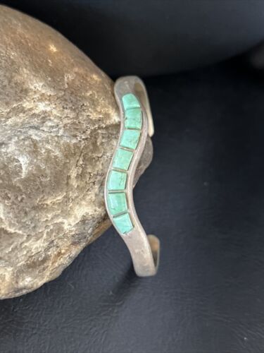 Southwestern Old Pawn Blue Turquoise Inlay Bracelet | Sterling Silver | Authentic Native American Handmade | 14531