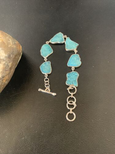 Navajo Blue Kingman Turquoise Rough Link Bracelet | Sterling Silver | 8" | 11649