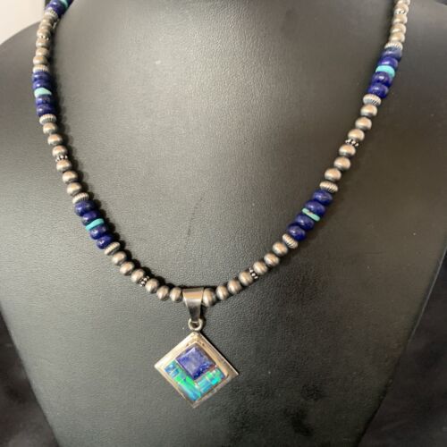 Men's Navajo Blue Lapis Turquoise Opal Inlay Pendant Necklace | Sterling Silver | 21" | 12608