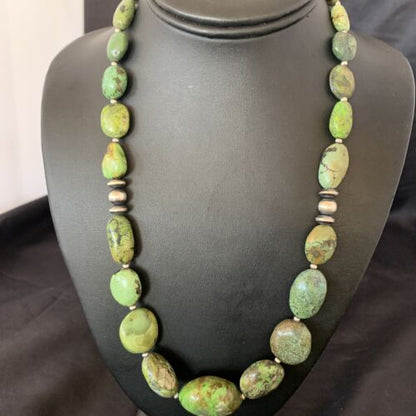 Navajo Sterling Silver Graduated Green Nugget Turquoise Necklace | Authentic Native American | 21" | 10725
