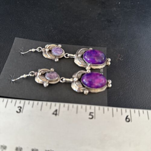 Navajo Purple Sugilite Dangle Earrings | Sterling Silver | 2" | Authentic Native American Handmade | 14402