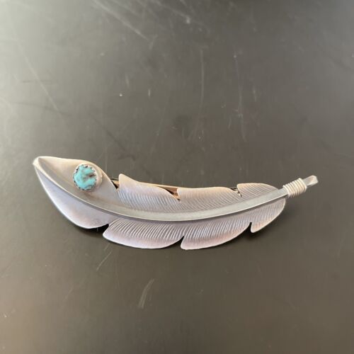 Handmade Sterling Silver Feather Barrette with Blue Turquoise Inlay | Authentic Navajo Jewelry | 2081