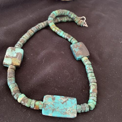 Native American Rustic Turquoise Nugget Heishi Bead Necklace | Sterling Silver | 22" | 1399